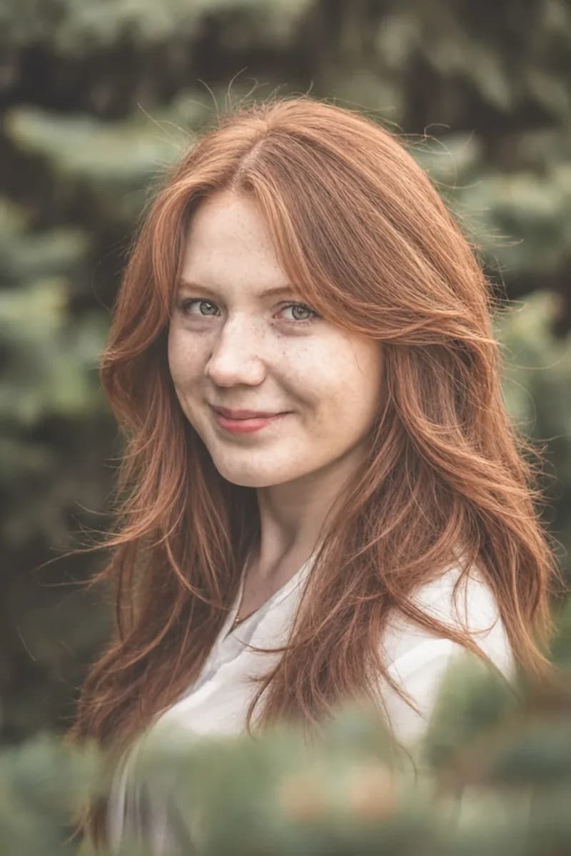 La stessa donna con lunghe scalature ramate e frangia a tendina.